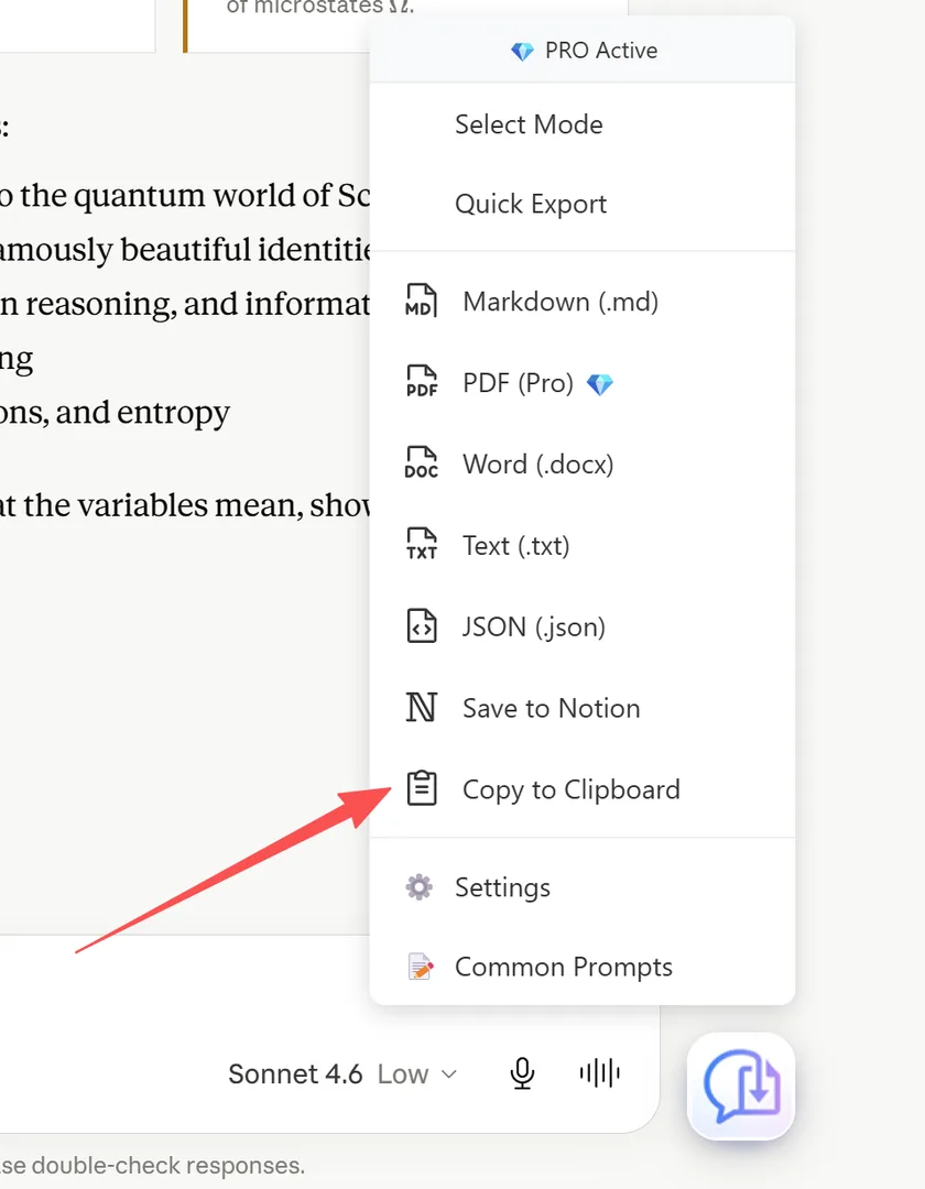 Opción Copy to Clipboard en el menú de exportación