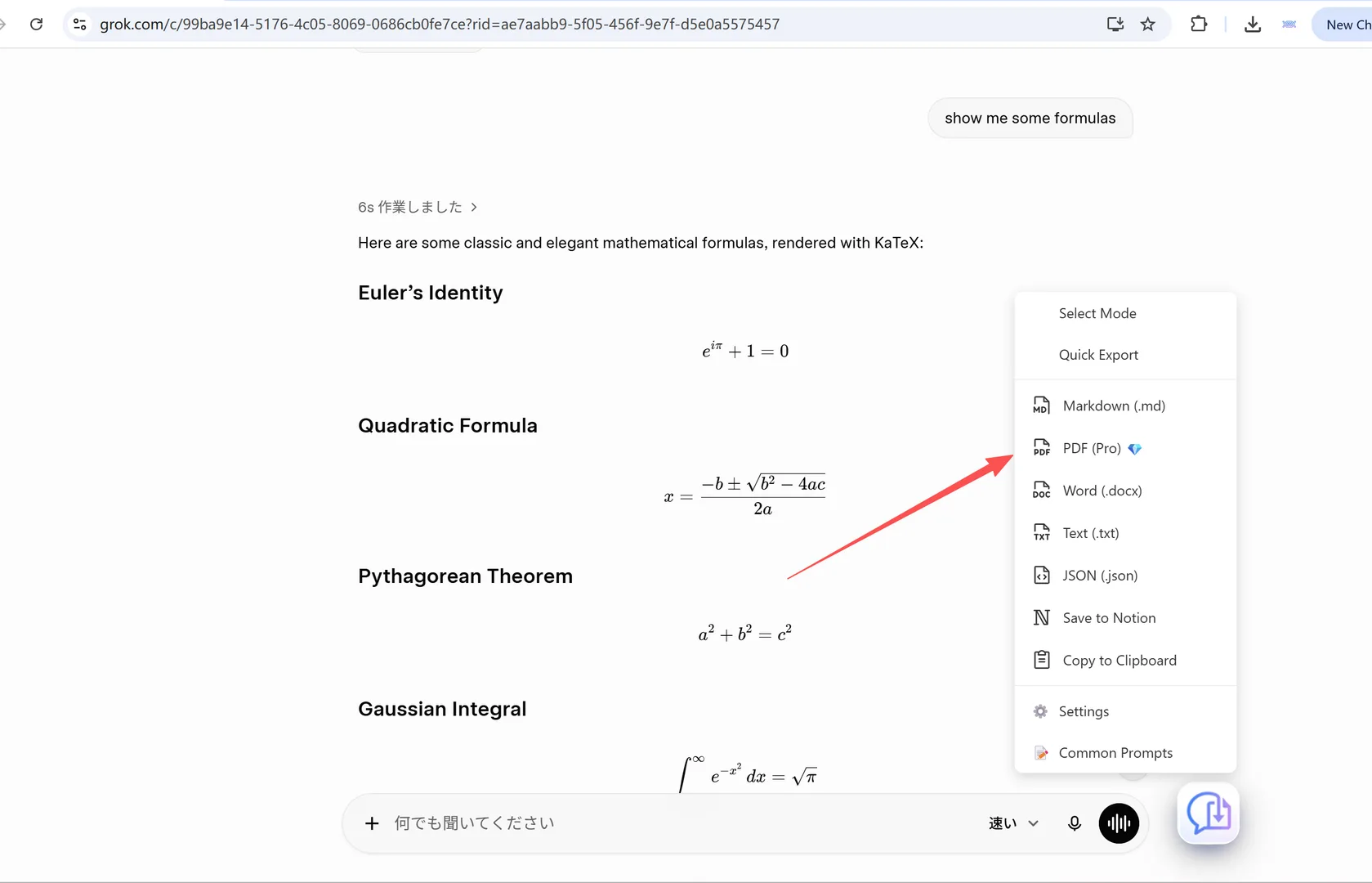 The XWX export menu on a Grok conversation, listing PDF, Word, and Markdown options