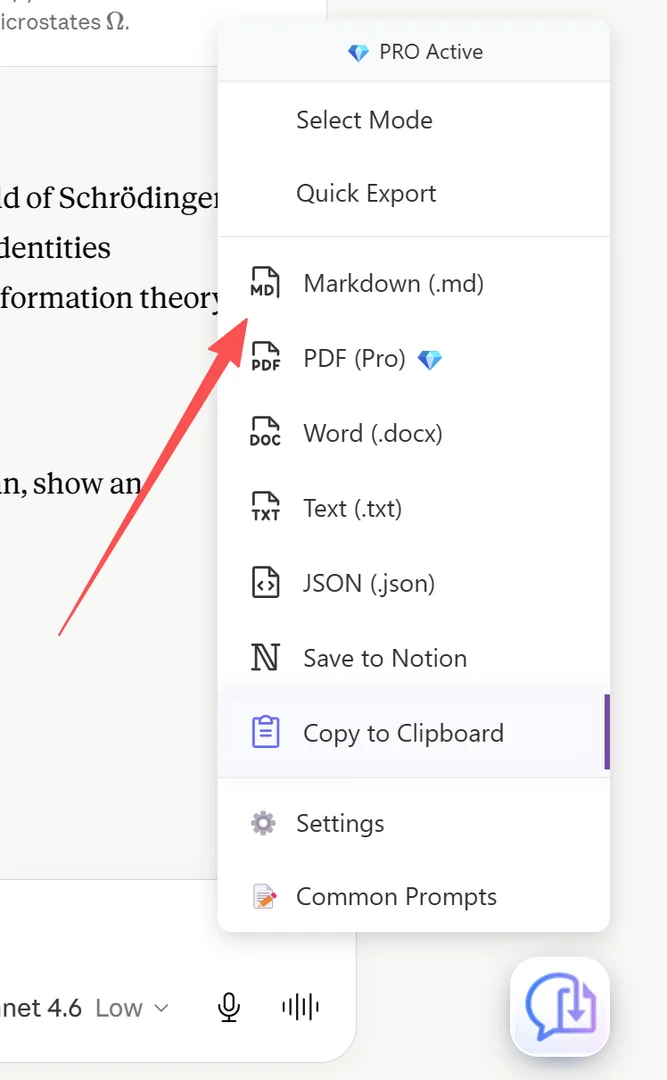 The Markdown option in the XWX export menu