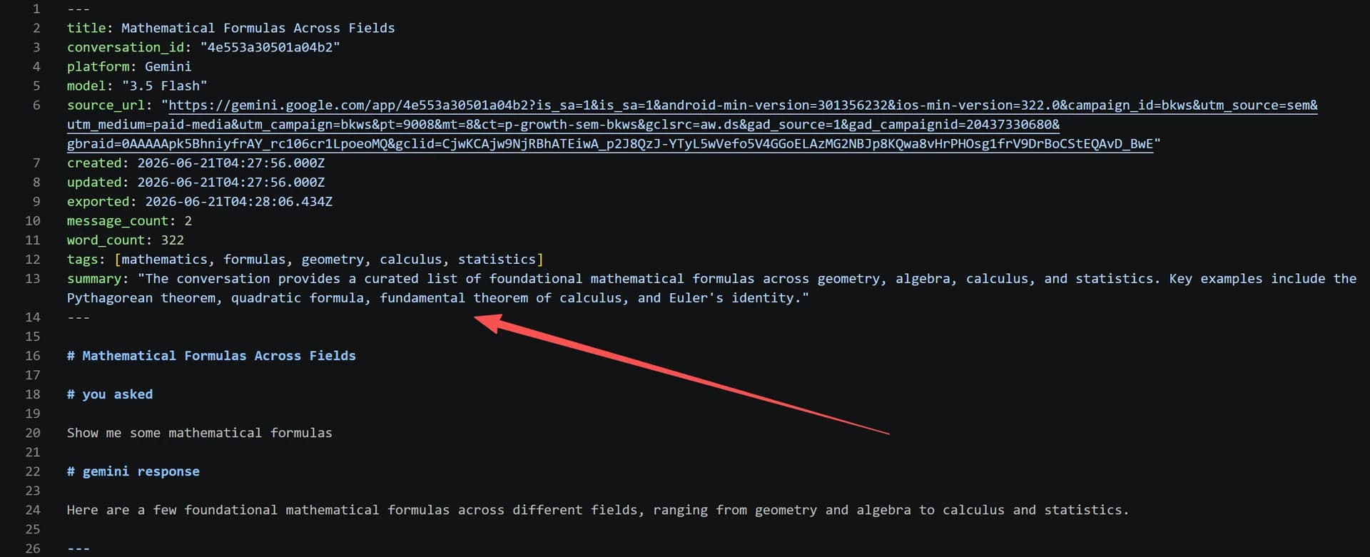 An exported Markdown file with YAML frontmatter metadata at the top