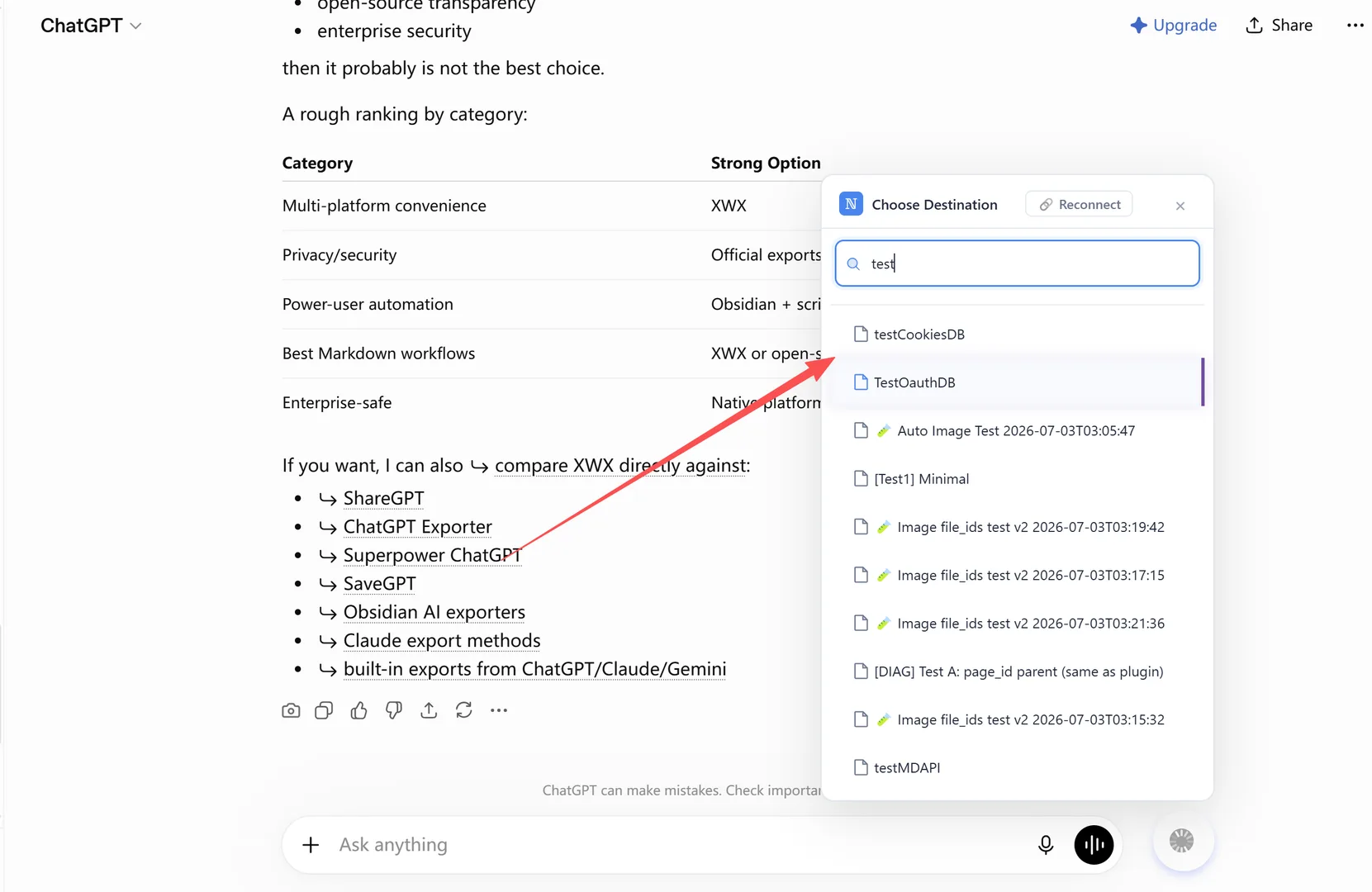 Choose Destination dialog — select the Notion page or database