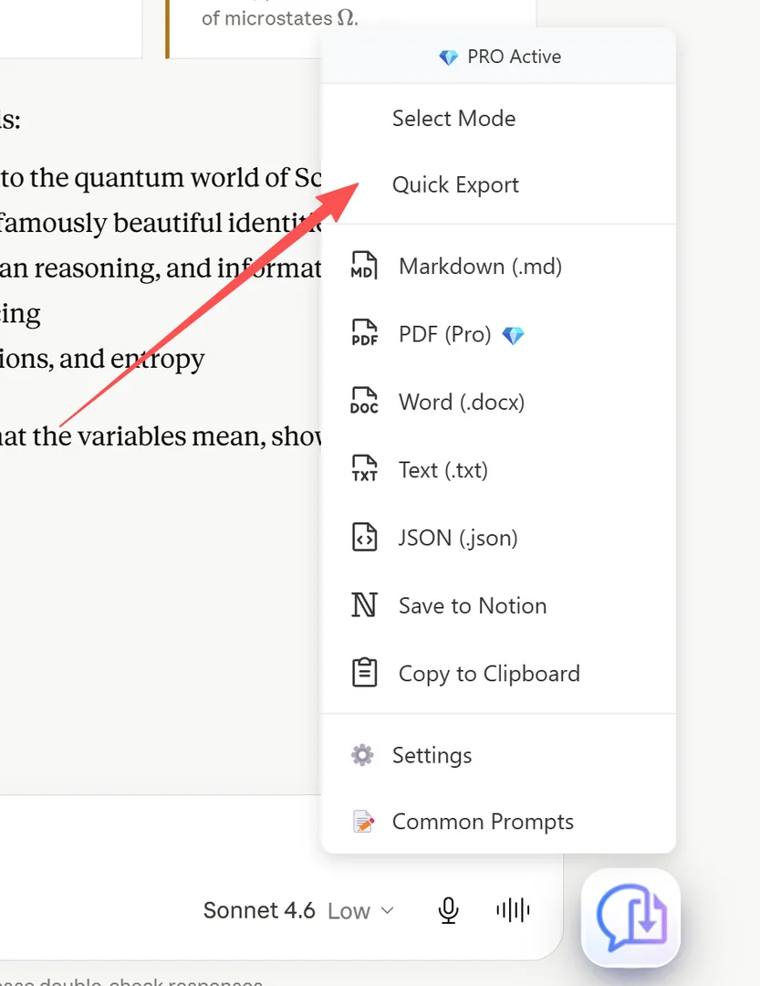 Toggle de Quick Export en el menú FAB — marca de verificación activada