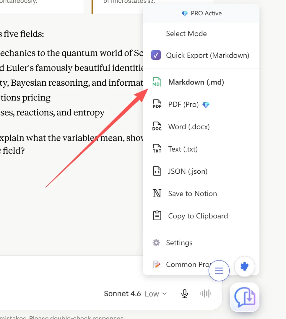 Etiqueta de Quick Export mostrando el formato actual: "Quick Export (Markdown)"