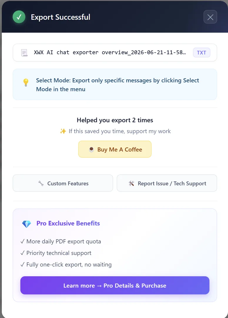Archivo de exportación descargado con éxito