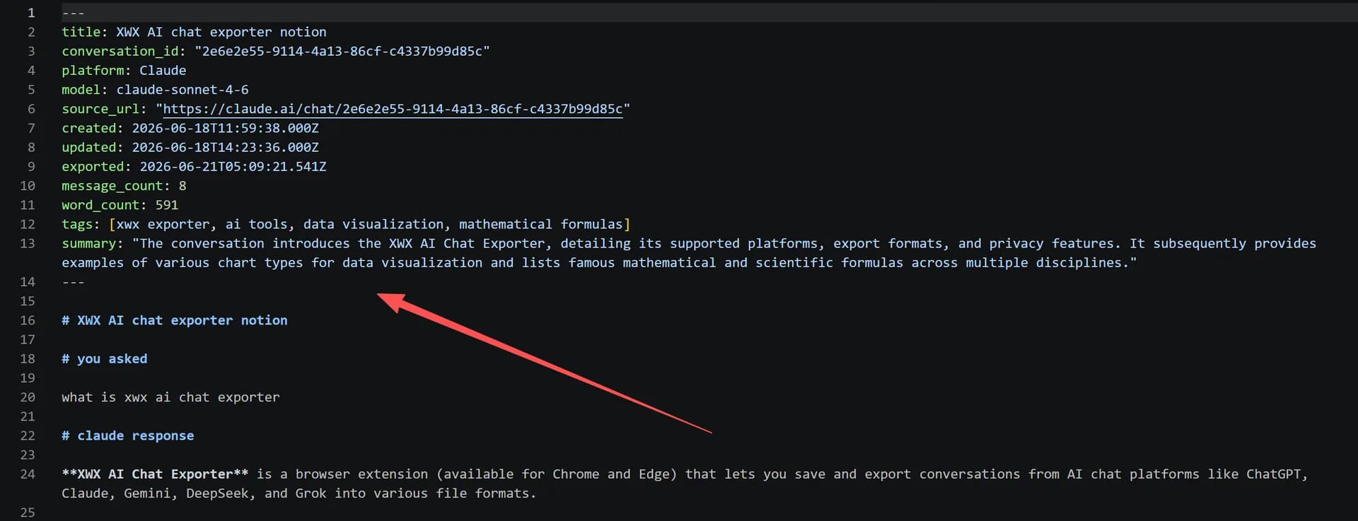 An example of YAML frontmatter at the top of an exported Markdown note