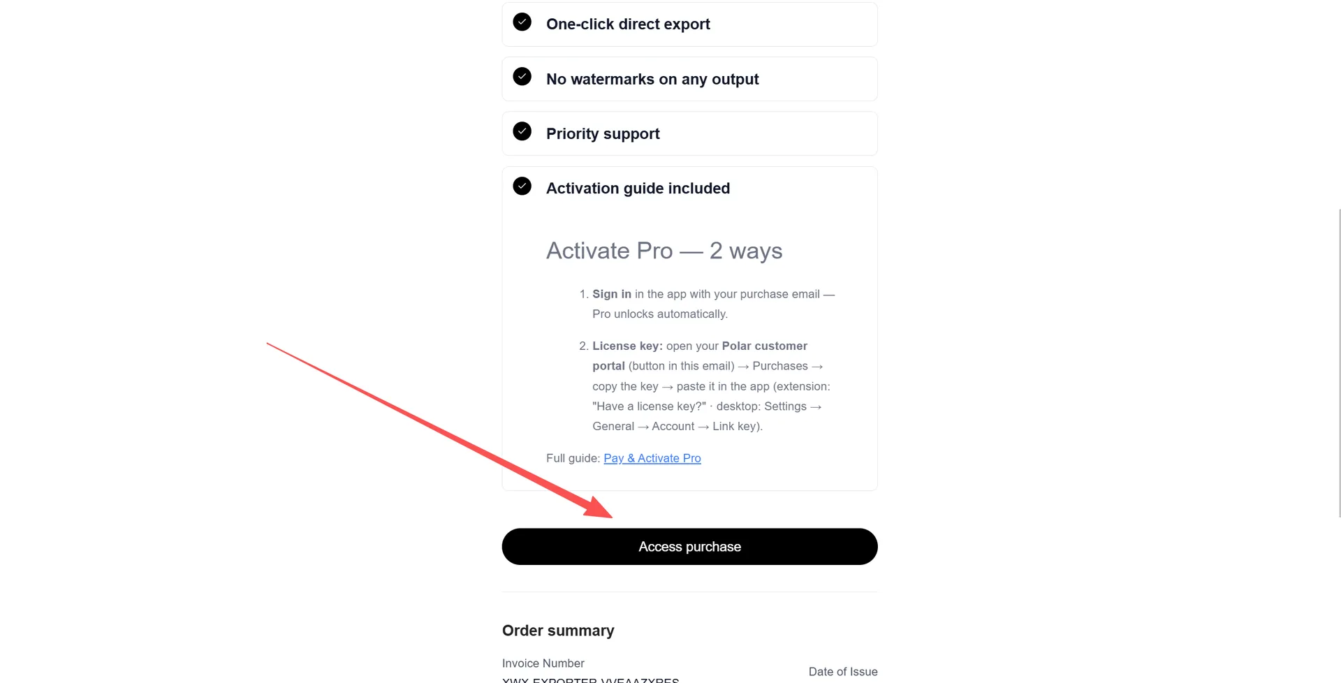 The bottom of the email: the Activation guide block and the Access purchase button