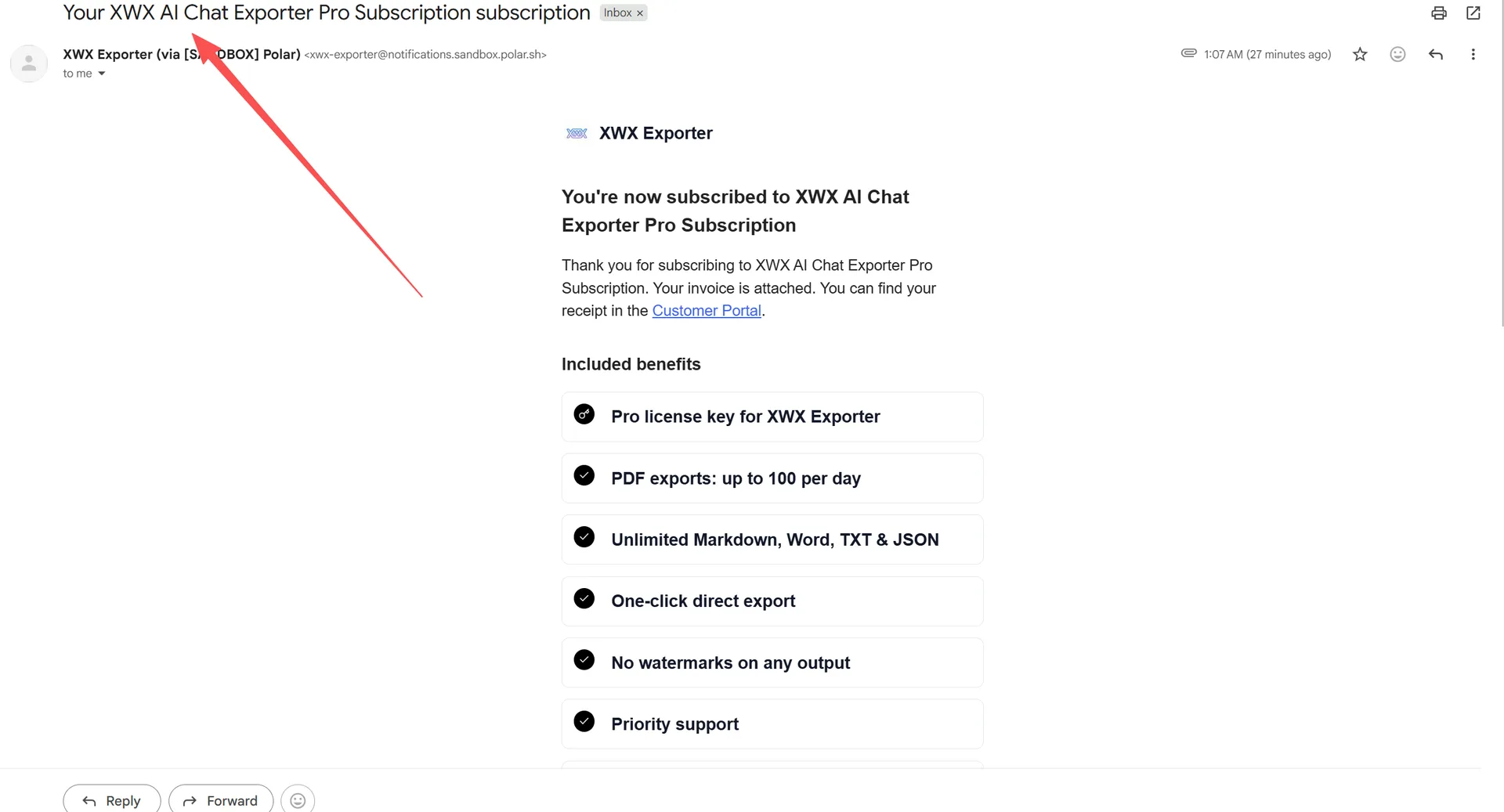 The confirmation email from Polar — the subject and the Included benefits list