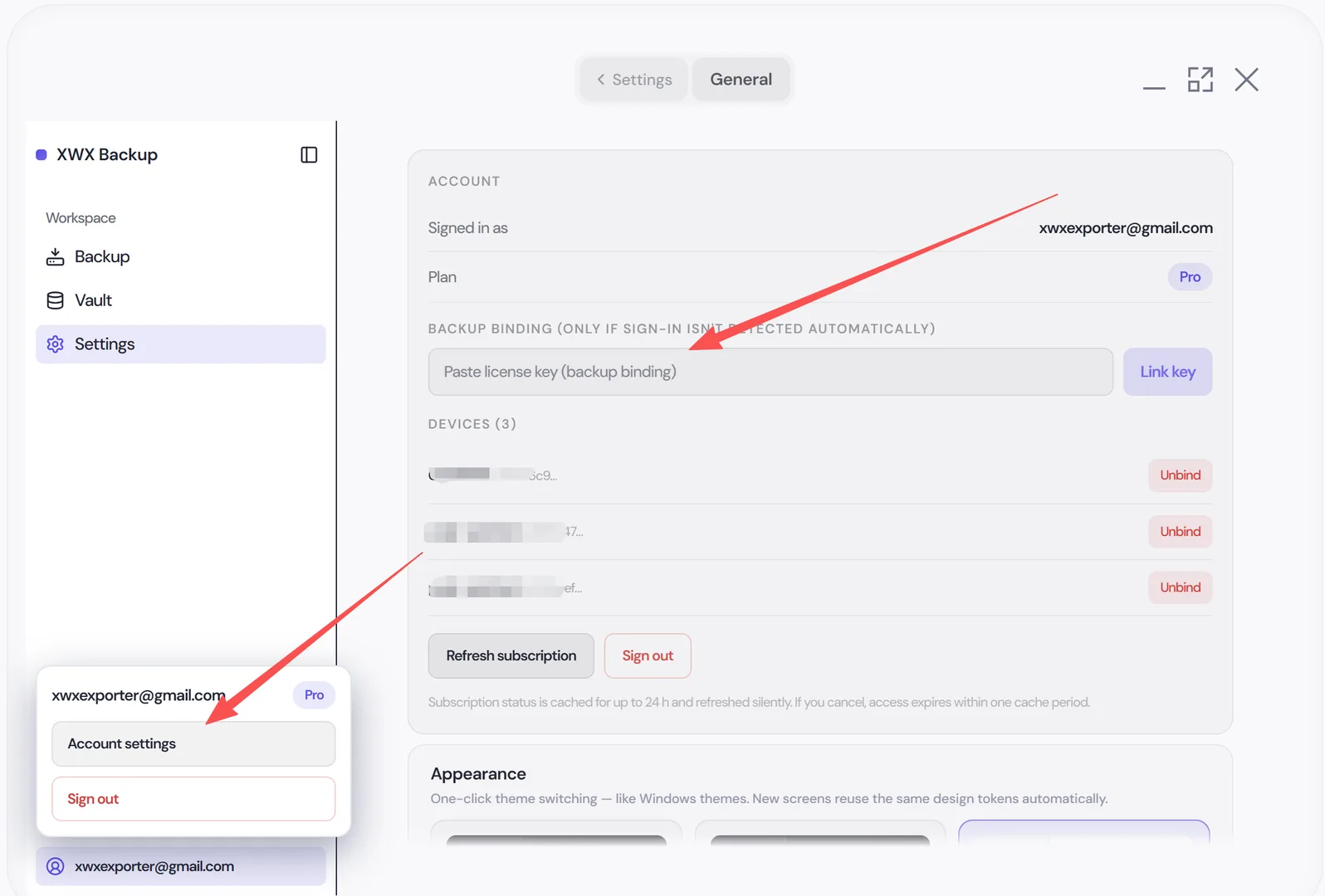 The Link key field in the desktop app account panel