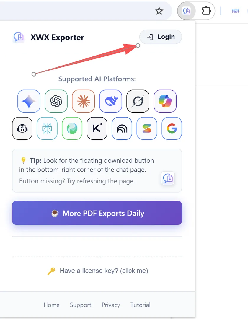 The XWX Exporter popup — click Login at the top right