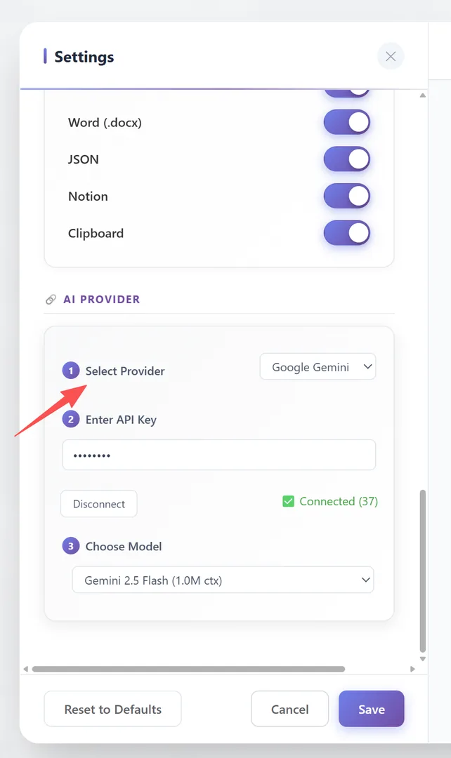 Asistente de configuración de Proveedor de IA en 3 pasos en configuración General