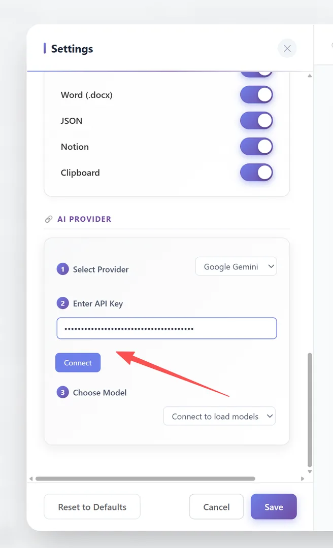 Campo de contraseña de clave API con botones Connect/Disconnect