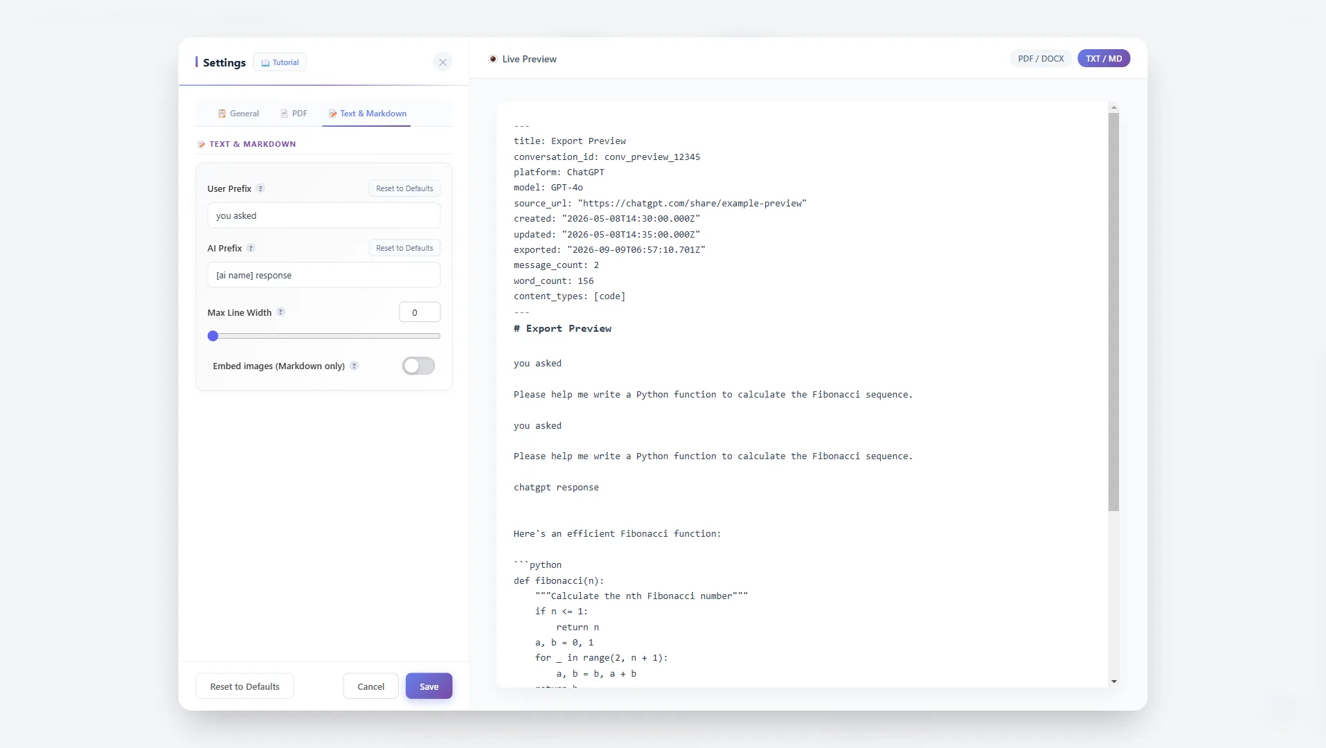 Reiter Text & Markdown — Benutzer-Präfix, KI-Präfix, Maximale Zeilenbreite Einstellungen