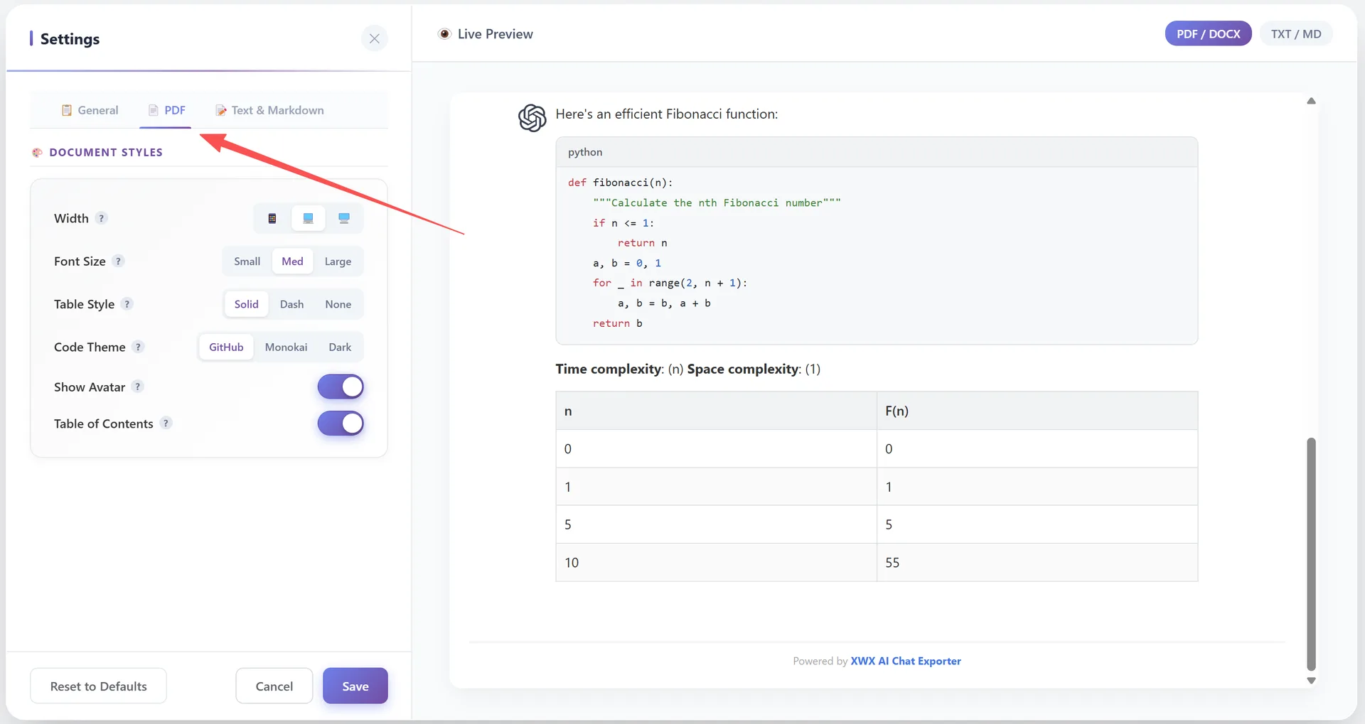 Panel de configuración de PDF — Ancho, Tamaño de Fuente, Estilo de Tabla, Tema de Código